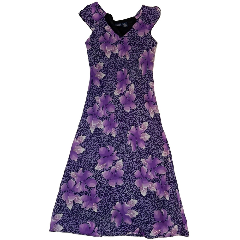 Vintage 90s Blk/Purple/Orchid/White Floral V Neck Leopard Cheetah Midi Medium